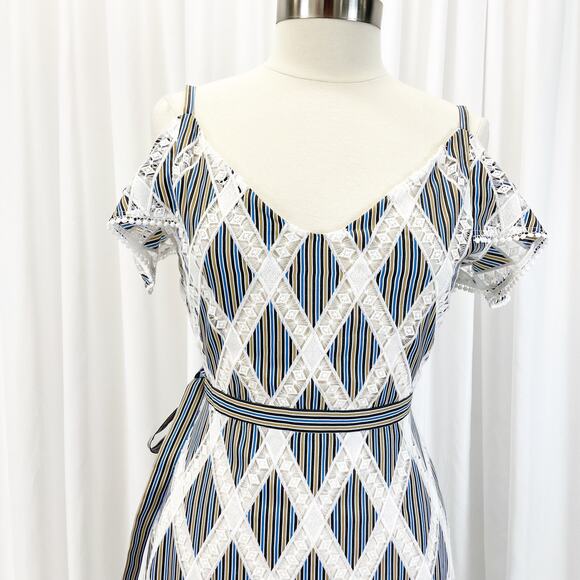 Sandro Womens US 4 Illa Midi Dress Striped Lace Cold Ruffle Shoulder Blue White - Picture 3 of 14
